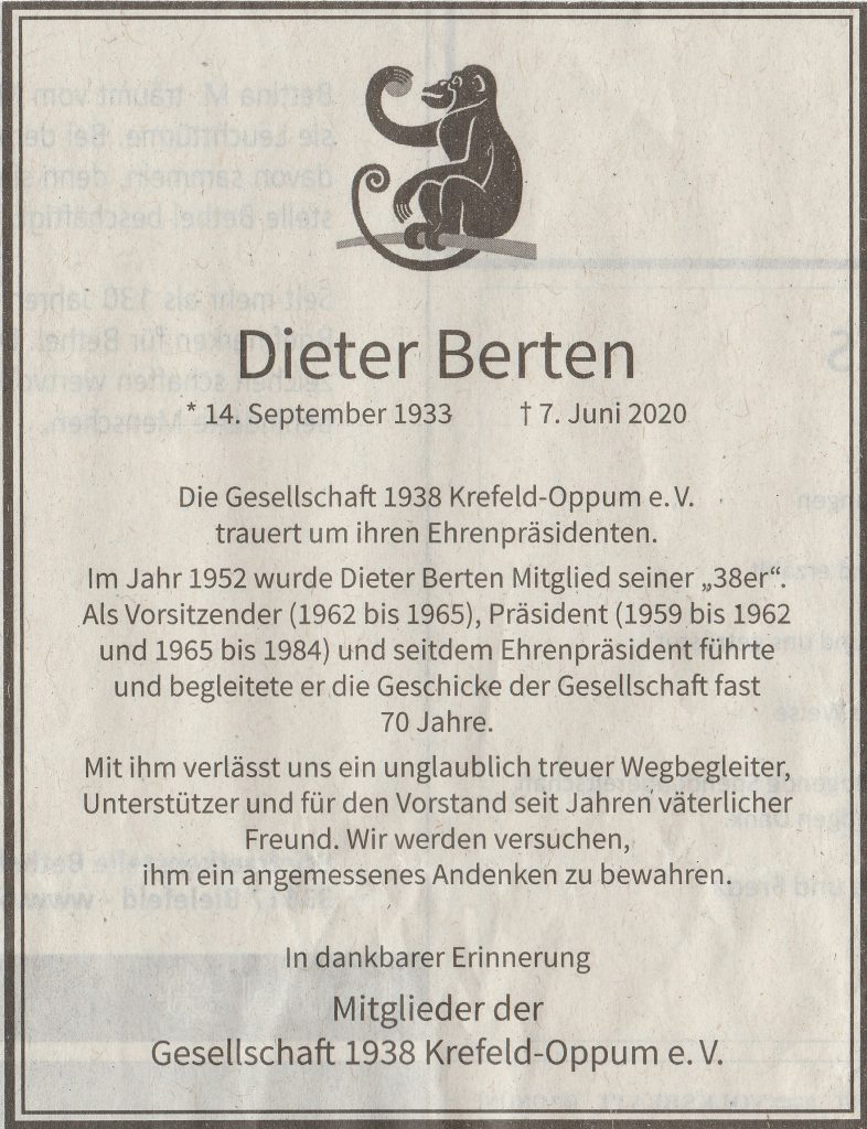 Die Anzeige für unseren Ehrenpräsidenten Dieter Berten.